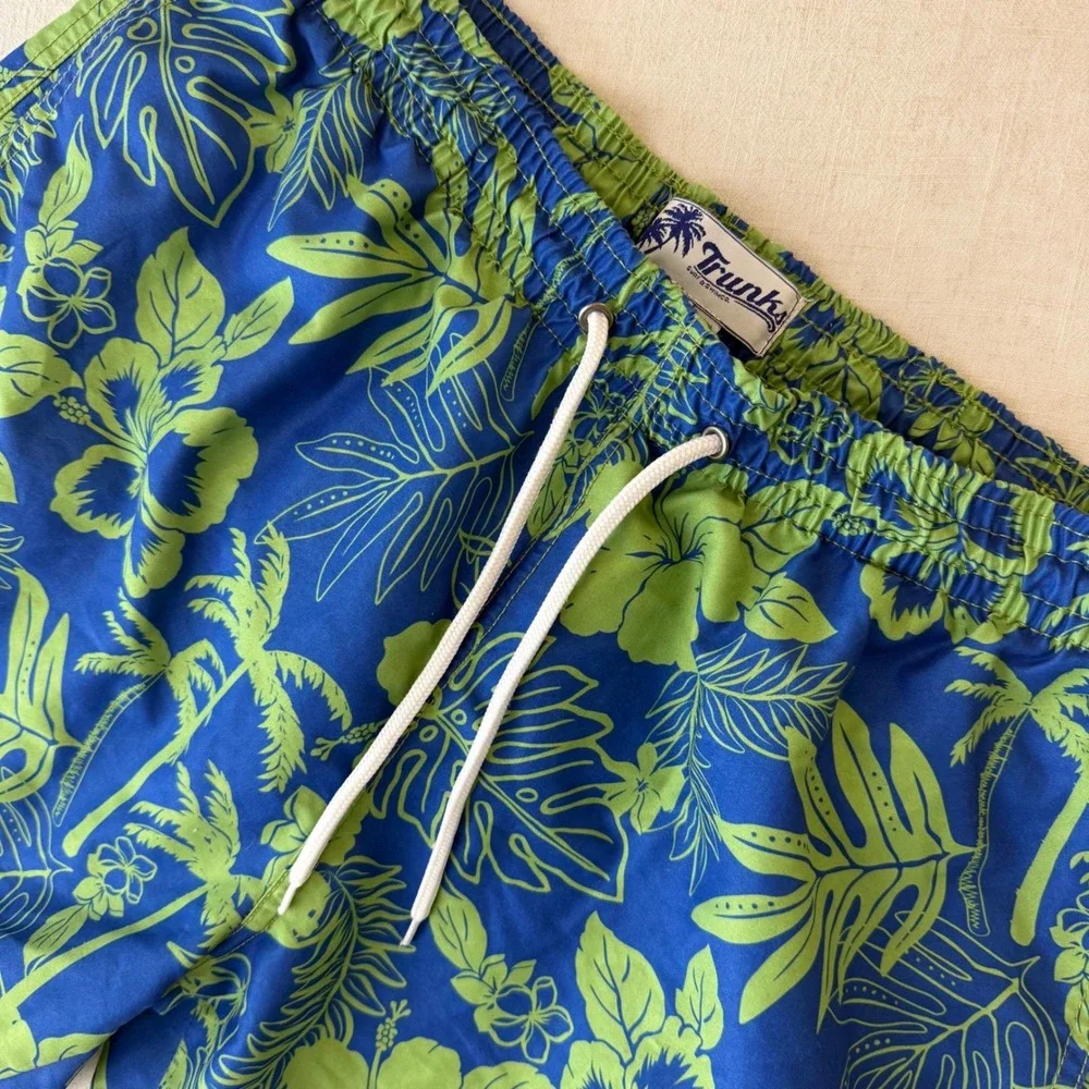 Trunks Surf & Swim Co Mens Large Blue Green Floral Tropical Hibiscus Swim Trunks